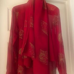 LOUIS FERAUD RED SHEER BLOUSE W LARGE MATCHING SCARF